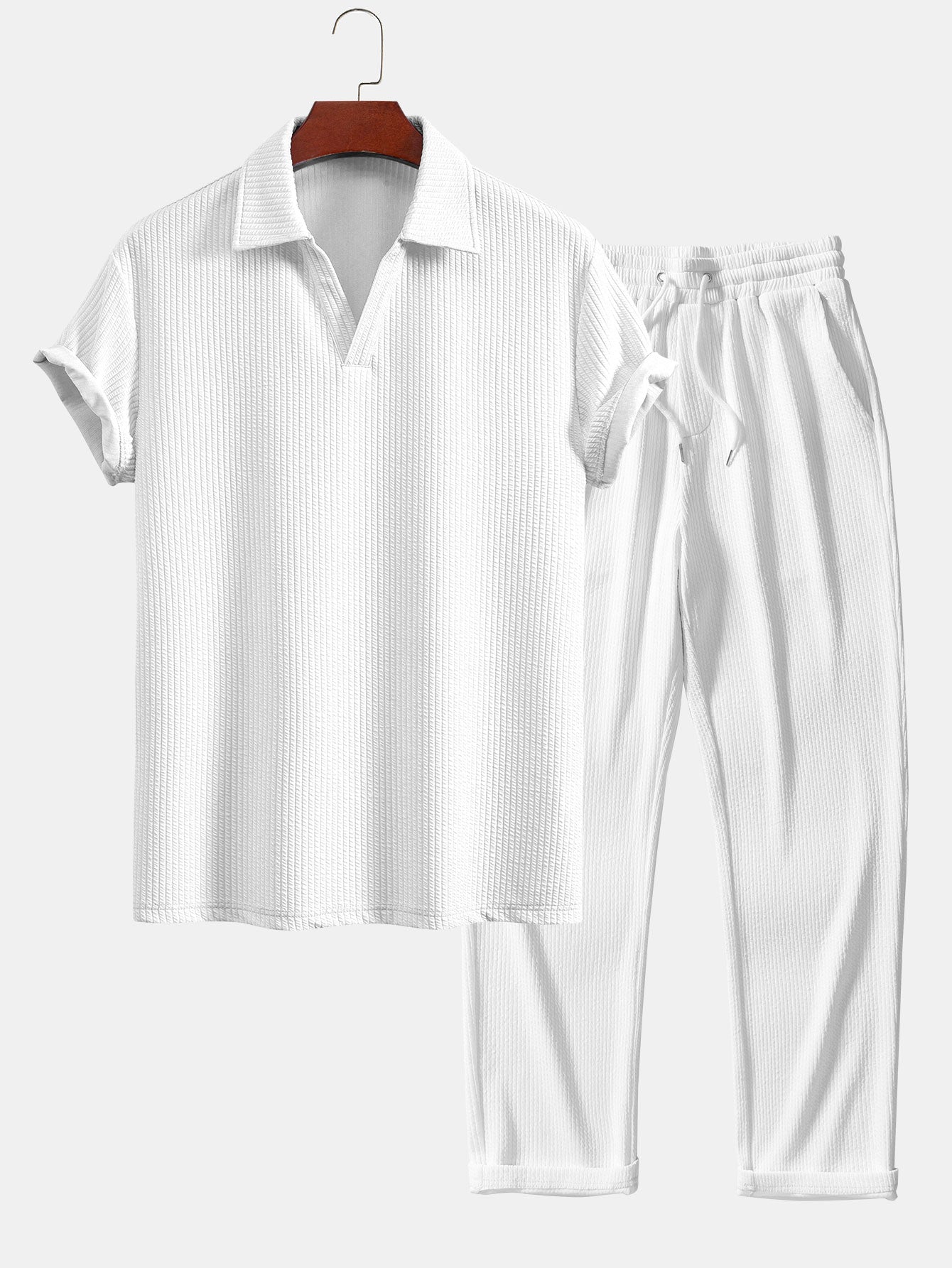 Textured V-Neck Polo & Trousers Set
