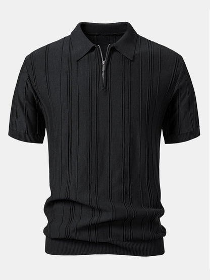 Striped Jacquard Knit Polo Shirt with Zipper