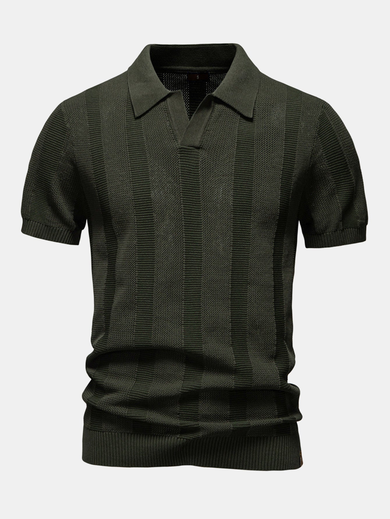 Striped Hollow Knit V-Neck Polo