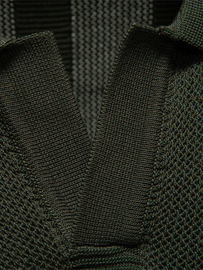 Striped Hollow Knit V-Neck Polo