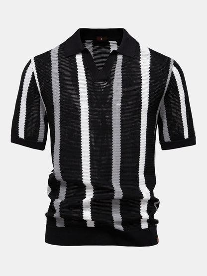 Striped V-Neck Knit Polo Shirt