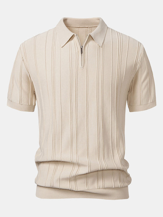 Striped Jacquard Knit Polo Shirt with Zipper