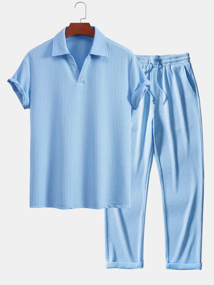 Textured V-Neck Polo & Trousers Set