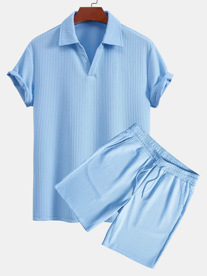 Textured V-Neck Polo & Shorts