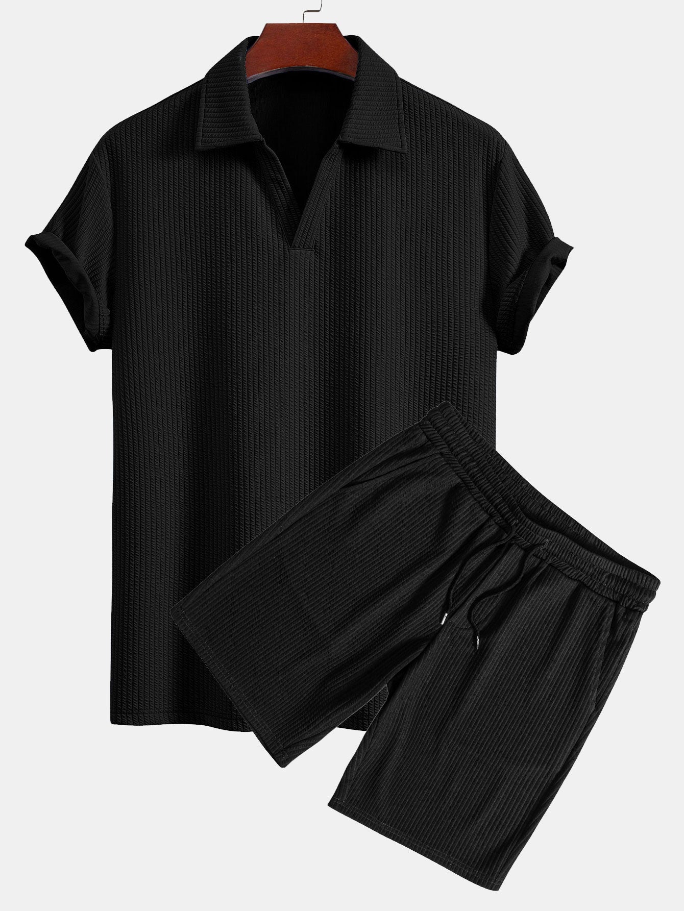 Textured V-Neck Polo & Shorts