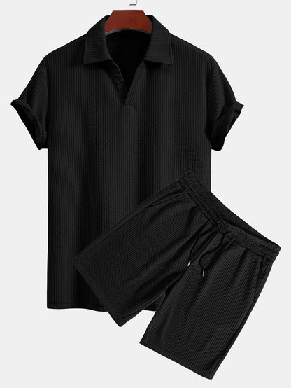 Textured V-Neck Polo & Shorts